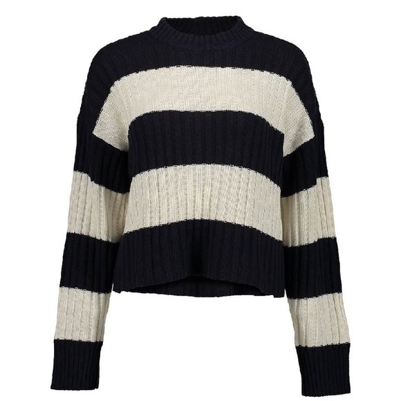 Arpeggio Sweaters - Arpeggio Ribbed Cozy Cotton Cropped Sweater in Navy Stripe, XS NWT